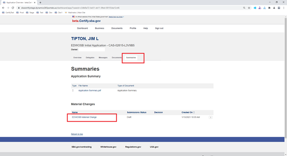 Image showing the action of selecting the Summaries tab and then click on the Material change link