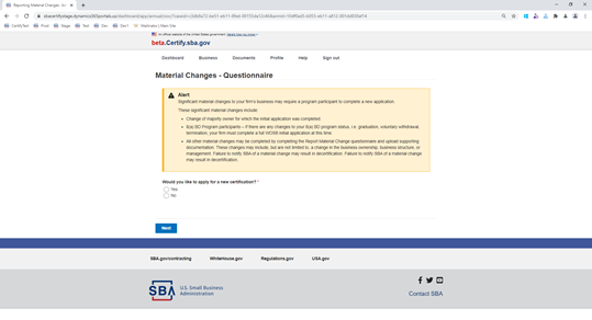 Image showing the action of proceed through the material change questionnaire selecting appropriate responses.