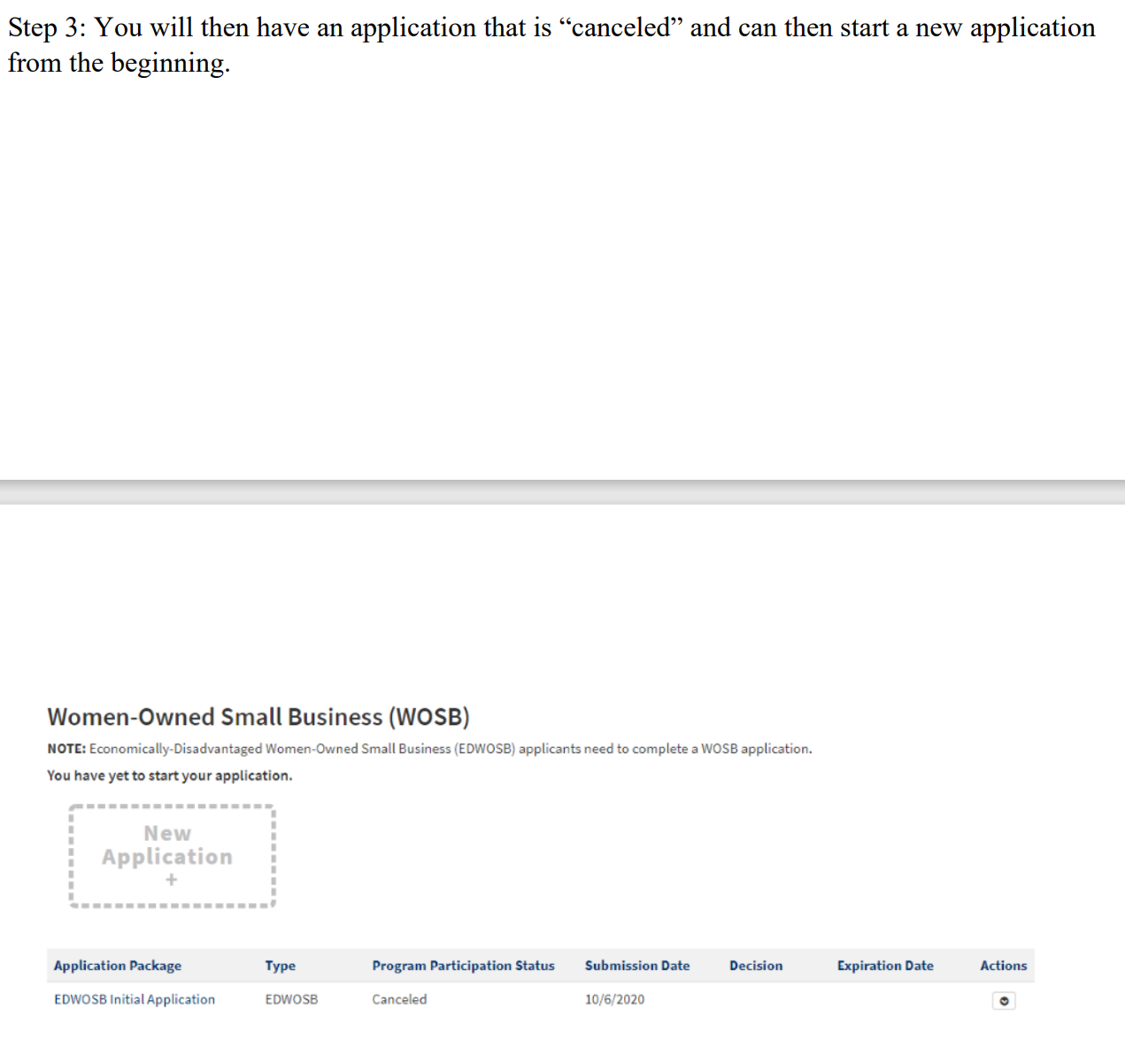 In Order to restart your application, you have the option of canceling your application. Once canceled, you will have to refresh your browser, then you should be able to begin your application from the beginning. See screenshots below detailing how to cancel your application. Step 1 Under Actions Click on the drop down and select Cancel.