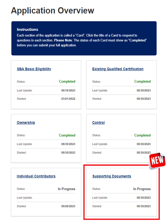 Application Overview with Supporting Documents card new flag